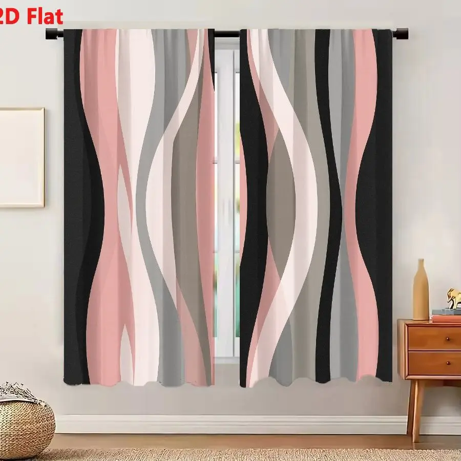 2Pcs Curtains 2D Flat Abstract Pattern With Vertical Wavy Shapes In Shades Of Pink Gray White Black On Solid Dark Gray Or Black
