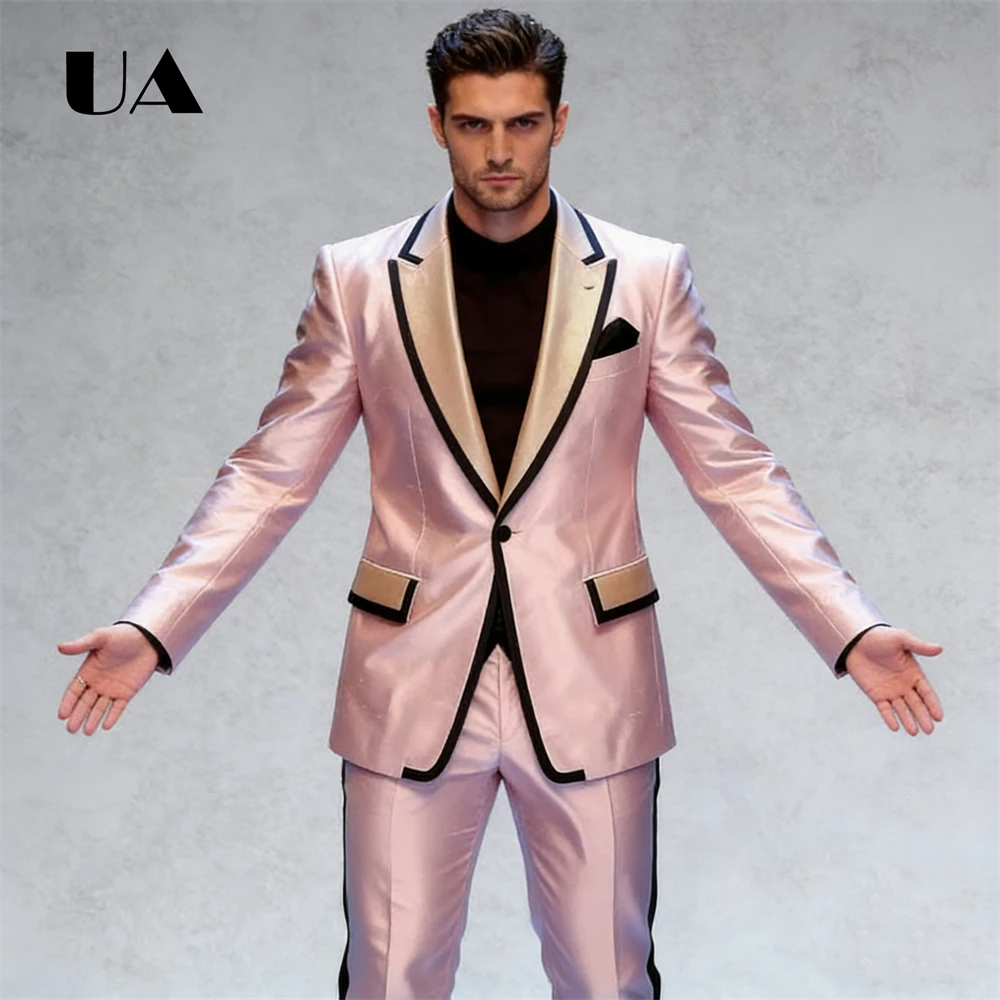 Pearl Pink Silky Satin Two Piece Formal Suit for Men from XXS to 7XL, One Button Regular Fit Men's Prom Siut Attire Performance