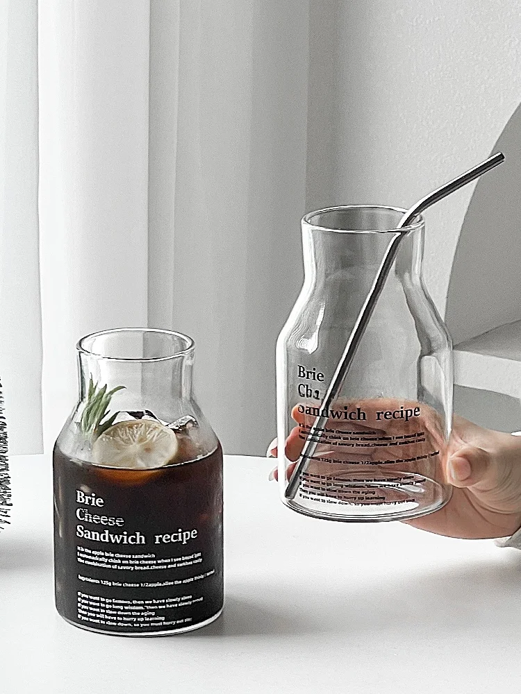 Большая стеклянная чашка для молока, кофе, сока, термостойкая, простая, с буквенным дизайном, домашняя чашка для воды, креативный буквенный элемент с принтом