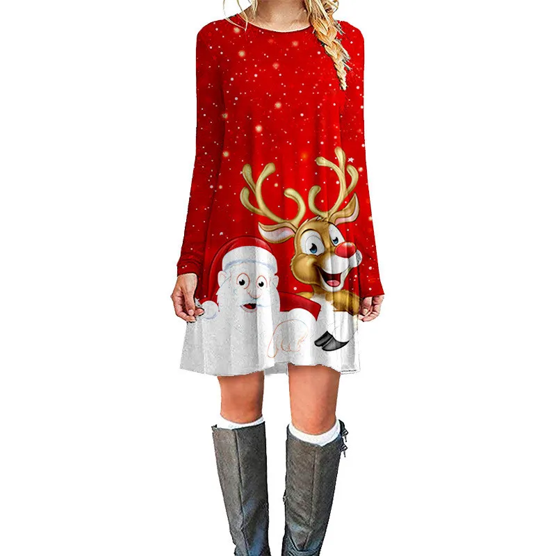 Christmas Deer Women Short Dresses Long Sleeve Festival Ladies Red Dress 3D Print Christmas Round-Neck Street Female Mini Dress