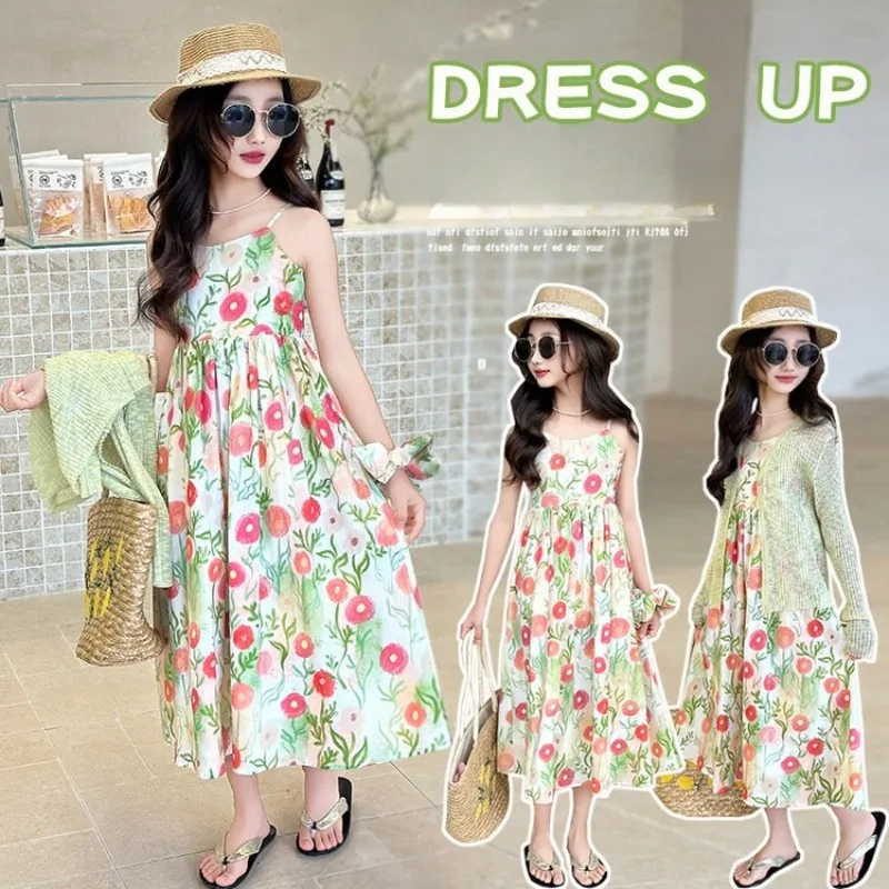 Children Clothing Set Girls Floral Dress + Sun Protection Jacket Two-piece Set Kids Sleeveless Dress with Matching Sunshade Coat