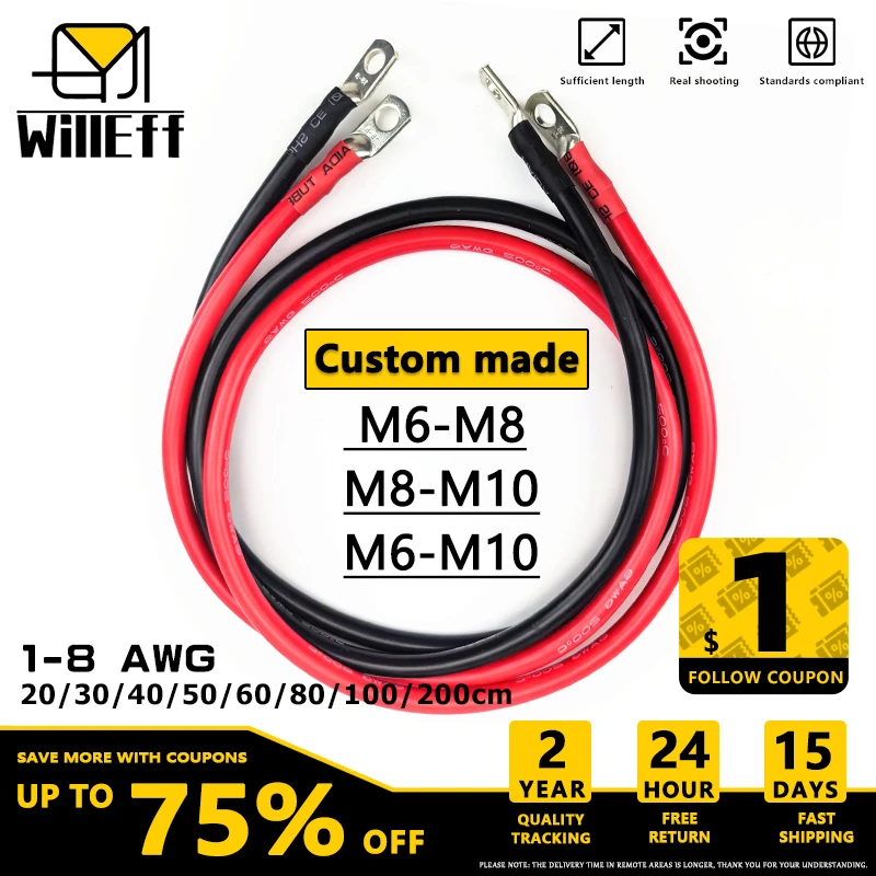 Custom made M6-M8 or M8-M10 or M6-M10 Black and Red Lug Cable Auto Battery Cable Silicone Terminal wire Very soft 8 6 4 2 1 AWG