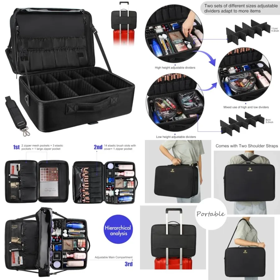 

Etra Makeup Case, Makeup Artist Set Bag Professional Cosmetic Organizer Bag Storage Box with Makeup Brush Holder, Adjustable Di