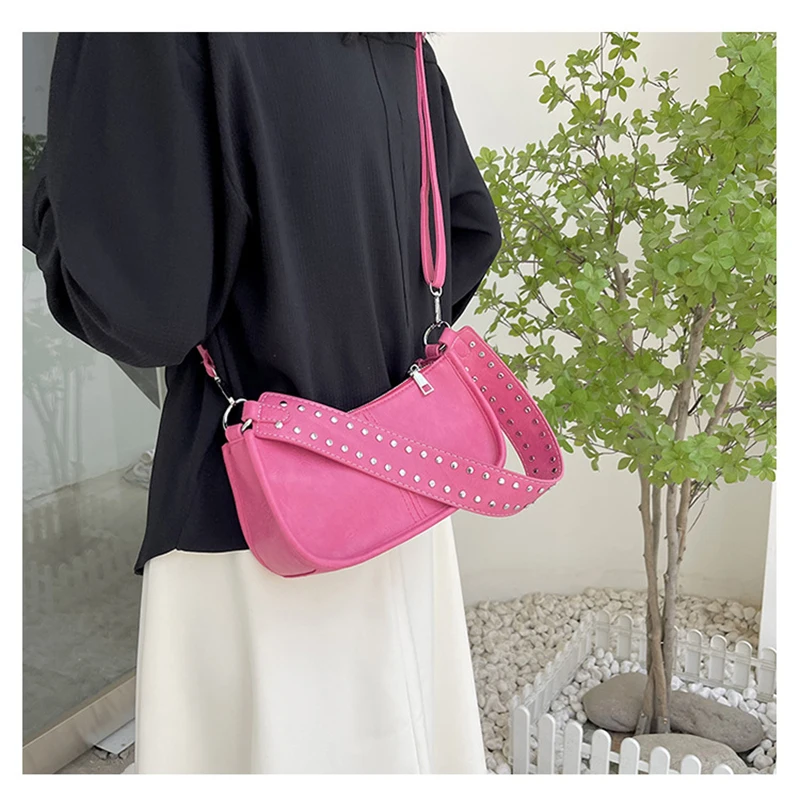 Women Shoulder Bag Wide Strap Crossbody Bag Vintage Rivet Design Underarm Bag Female PU Lether Y2K Handbag with Side Purse