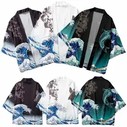 Men and Women's Japanese Kimono, Wave Carp, 3D Print Pattern Coat, Green Traditional Haori Cardigan, Japan Black Beach Clothing