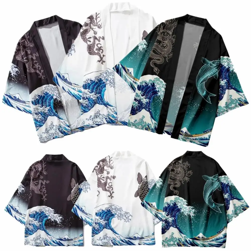 Kimono japonais pour hommes et femmes, carpe ondulée, manteau à motif imprimé 3D, Cardigan Haori traditionnel vert, vêtements de plage noirs japonais