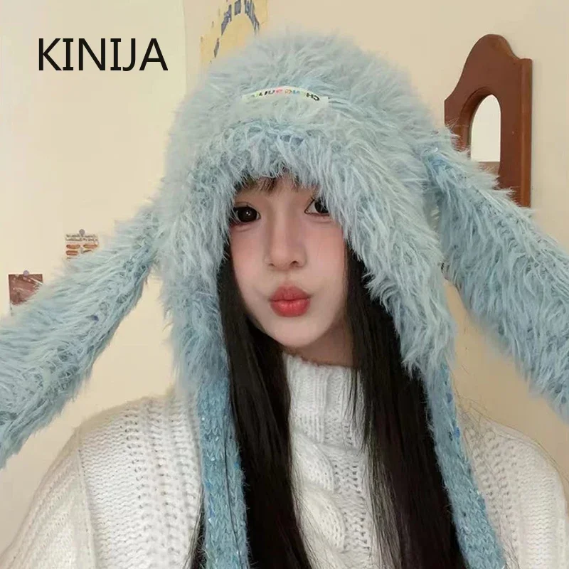 Cute Cartoon Bunny Ears Plush Hat Soft Warm Faux Fur Women's Skull Hat Knitted Hat Fit for Daily Wear Party Use Balaclava Cap