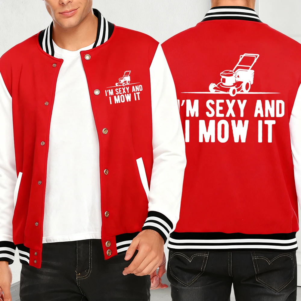 

I Am Very Diligent In Mowing The Grass Print Autumn Men Jackets Creative Pocket Loose Baseball Jersey Fashion Hip Hop Streetwear
