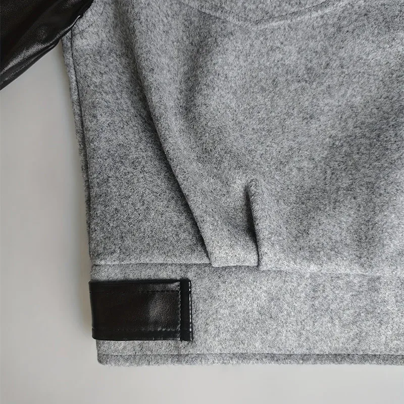 Kunstleder-Patchwork Wolljacken für Damen Street-Style Revers Langarm Reißverschluss Paneelierte Locker Sitzende Jacke Schicke Damen-Oberbekleidung Neu – Detail 7