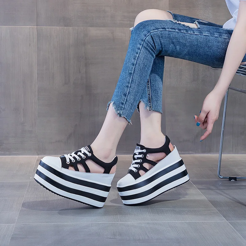 High quality 12cm Platform Wedge Shoes Sandals for Women Sneakers Summer Shoes Hollow Cut Summer Sneakers Genuine Leather 2024