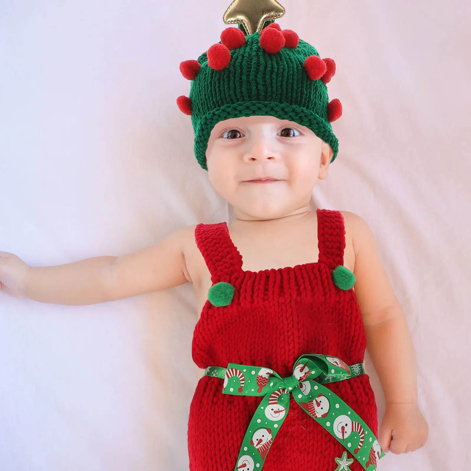 

Baby Photo Props Xmas Outfits Knitted Clothes Hat Shoot Set Wool Red Green Colors Newborn Photography Studio Supplies