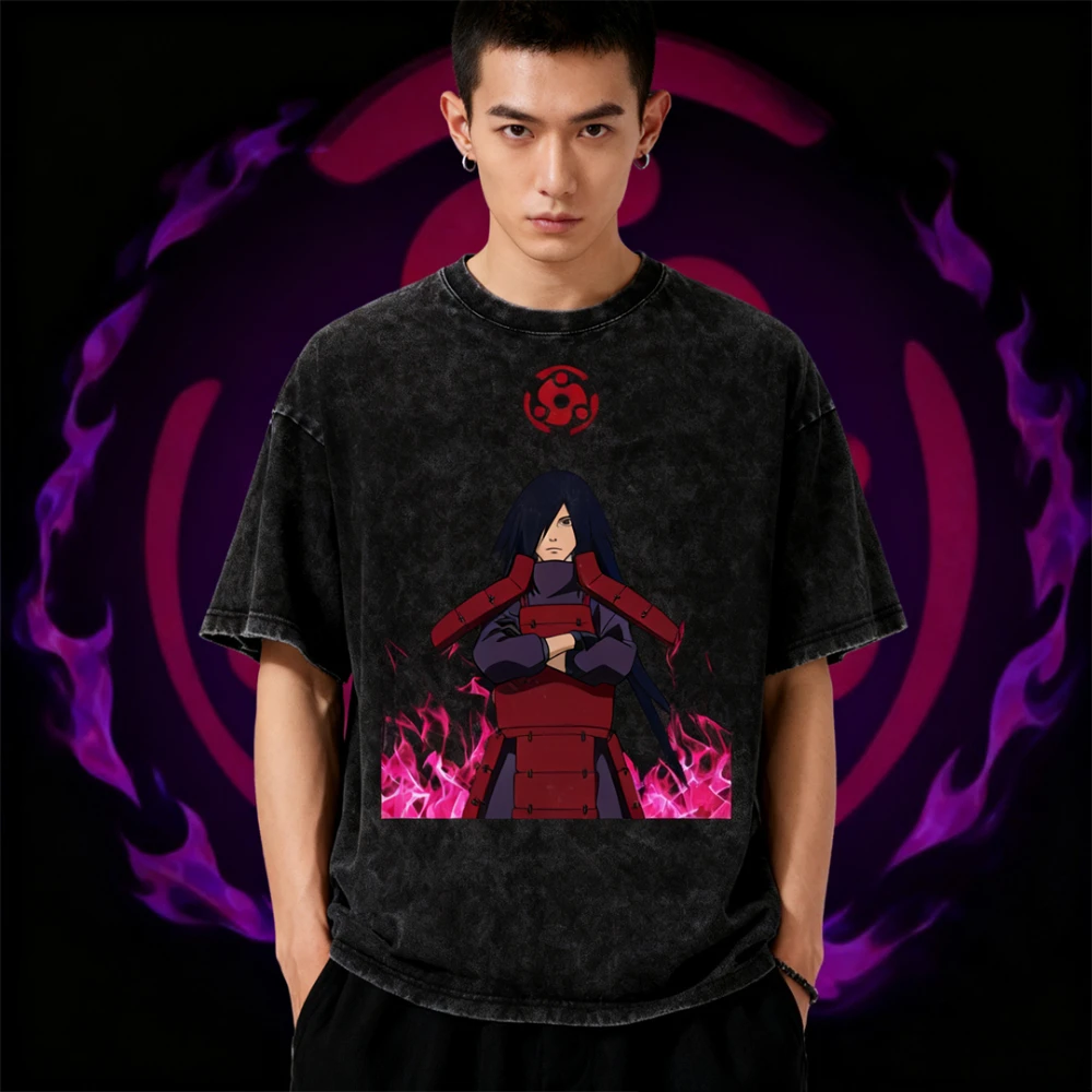 New Washed Naruto Anime Printed T-shirt Hip Hop Street Dress Japan 2025 Harajuku Cotton T-shirt Men's and Women's Short Sleeves