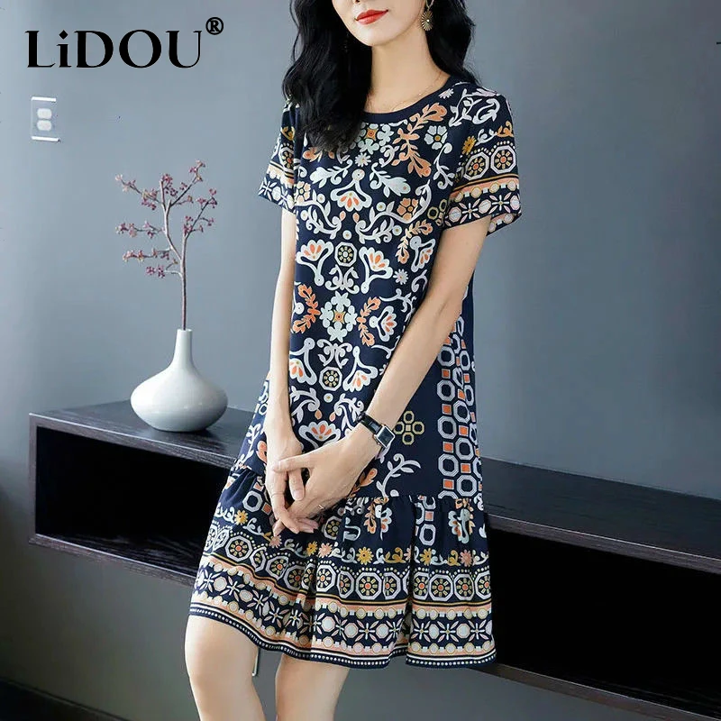 

Summer New Korean Elegant Fashion Print Dress Womenshort Sleeve Floral Mid-length A-line Vestidos De Fiesta Aesthetic Robe Femme