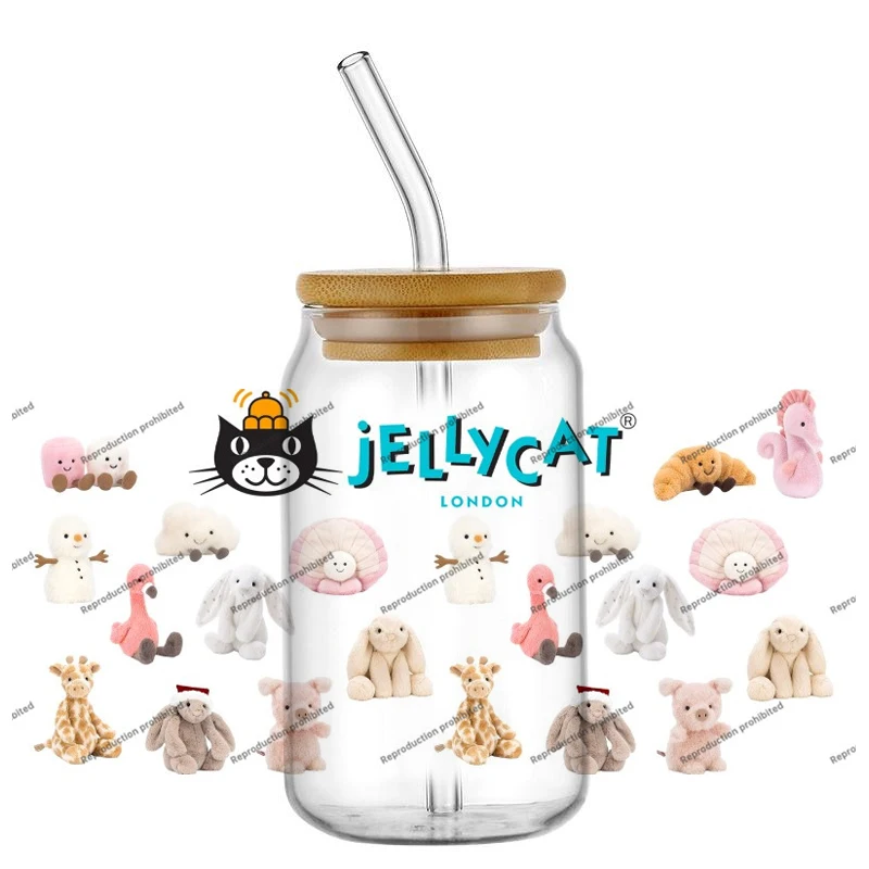 Cute Plush Animals UV DTF Wraps Soft Toy Pattern Stickers for 16oz Glass Cans Waterproof DIY Transfer Decals