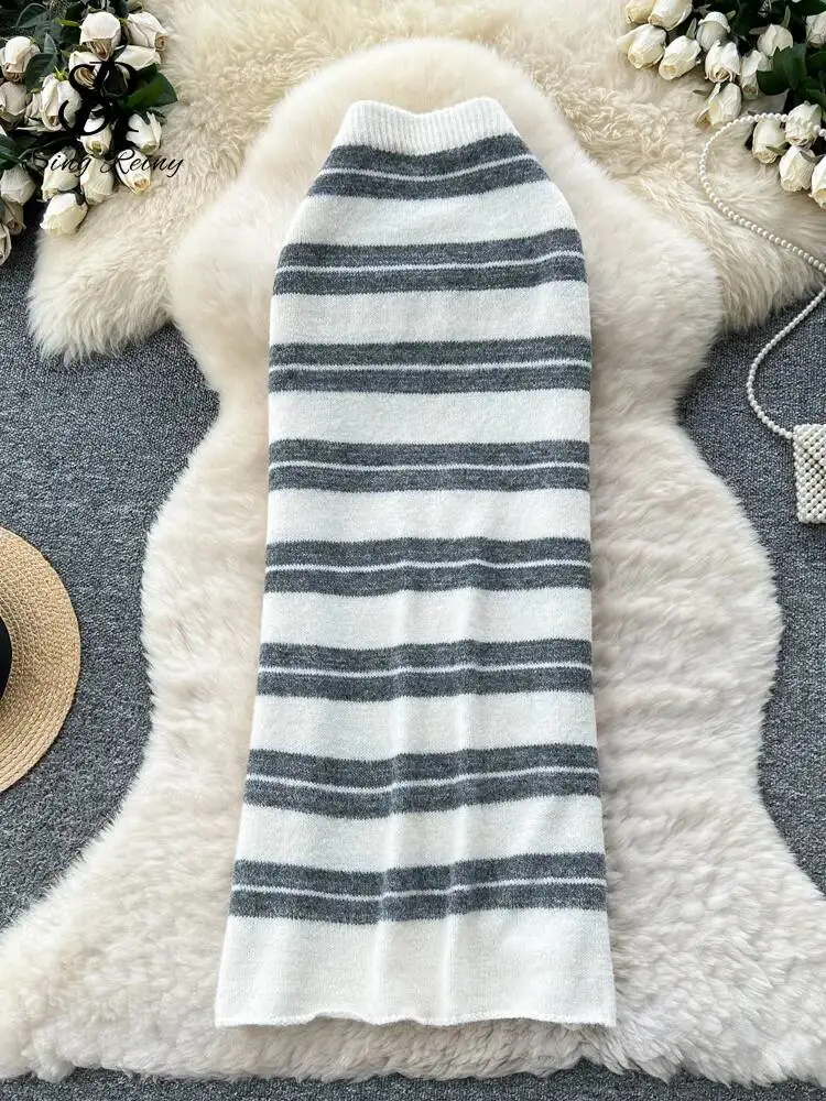 Stripe Knitted Bodycon Skirt Autumn Color Block Stretch High Waist Thick Warm Winter Female Simple Casual Long Skirt