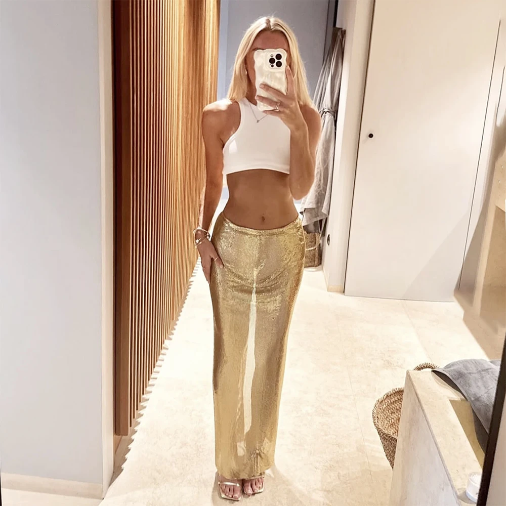 

YOUR BUMP CURVE Shiny Metallic Sequins Transparent Hollow Slit Bodycon Hand-sewn Midi Skirt Sexy Woman Beach Birthday Party