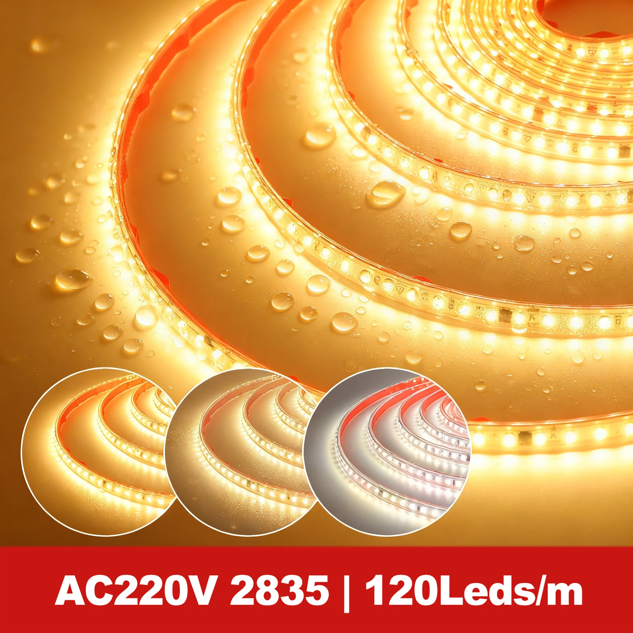 

220V 230V Waterproof LED Strip SMD2835 120LEDs/m Adhesive LED Tape Warm Natural White Flexible Ribbon Outdoor Garden Decoration