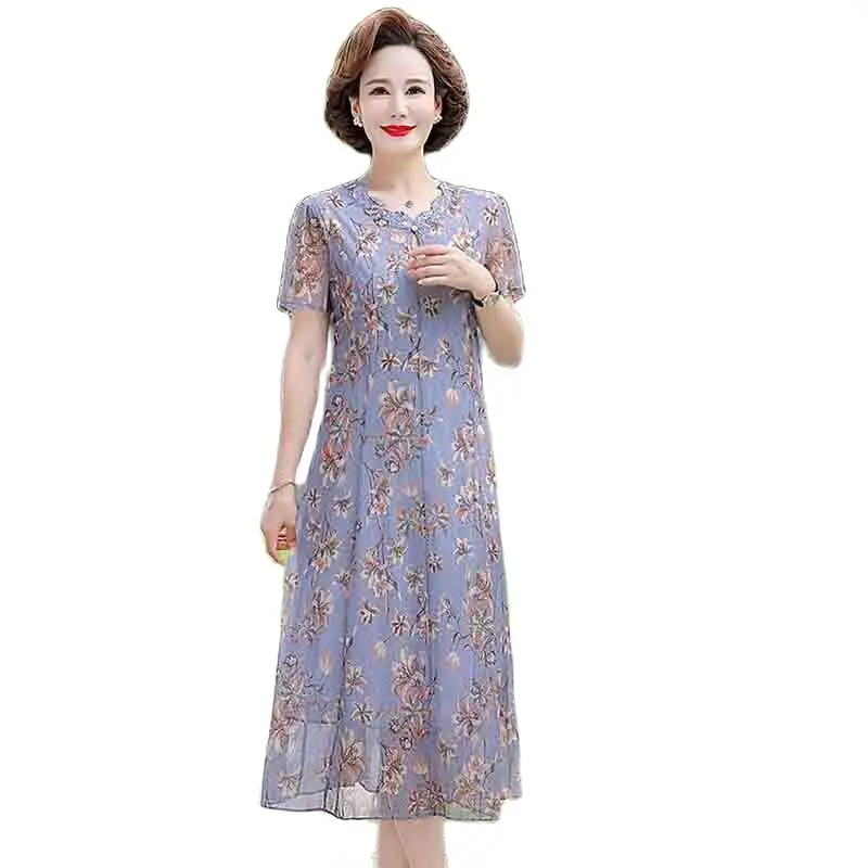 Summer Mom's New Fashion Print Dress. Long Women's Temperament Openwork Lace Floral Over The Knee Slim Long Skirt Female Tide5XL