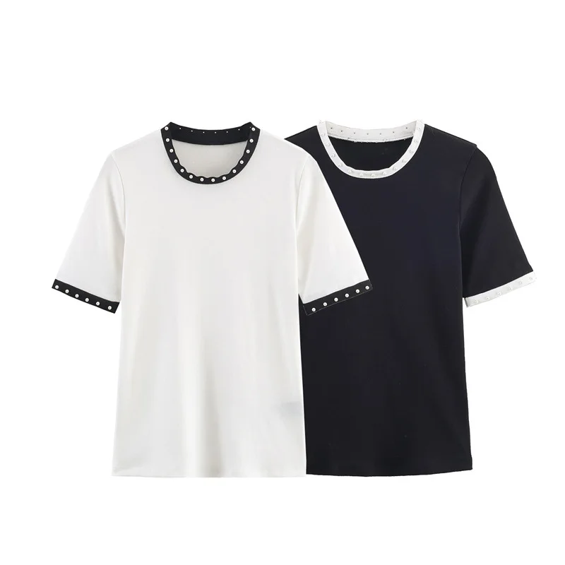

Stylish Solid Color Casual Versatile Artificial Pearl Decorative T-shirt