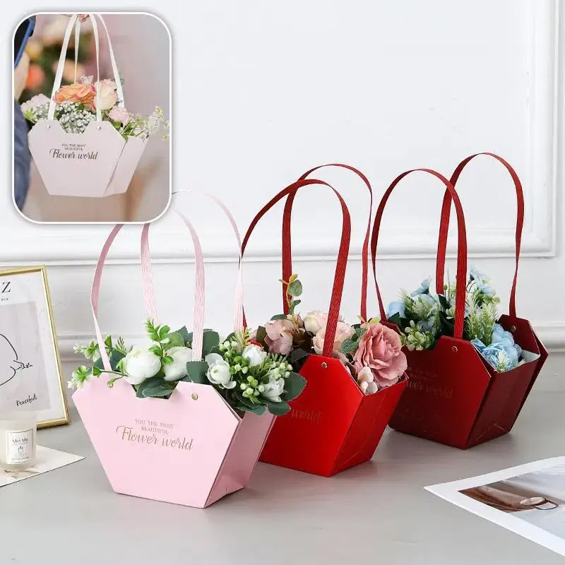 1Pc Portable Flower Basket Rose Flower Wrapping Box Gift Bag For Wedding Birthday Christmas Party Flower Bouquet Decor Supplies