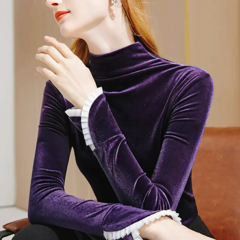 Jaqueta de renda feminina dames herfst winter coltrui truien fluwelen blouse, plus size patchwork velours shirts met lange mouwen