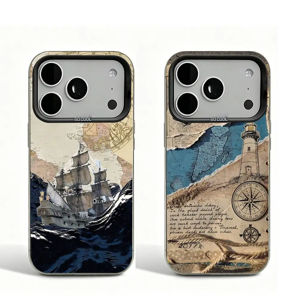 

Golden Foil Retro Nautical Black Matte Large Camera Hole Case For iPhone 17 16 15 14 13 12 11 Pro Max Bumper Cover