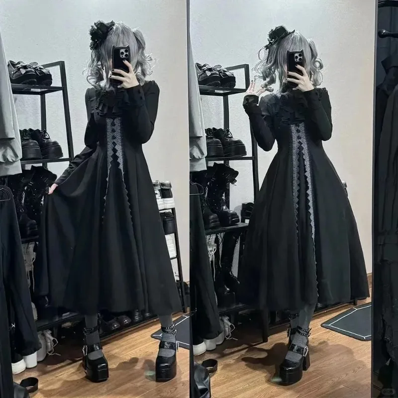 

Japanese Gothic Lolita Dress French Dark Academia Black Lace Shawl + Long Dresses Suit for Women Theme Party Elegant Outfit