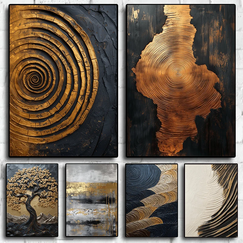 Luxury Abstract Spiral Black and Gold Leaves Life Tree Waves Poster Canvas Painting Wall Art Pictures Home Interior Decor Gift