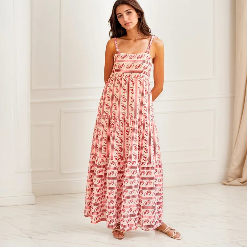 

Summer Beach Style Long A-Line Dress Casual Sleeveless Print Stripe Contrast Color Square Leader Lace Up Sling Dresses For Women