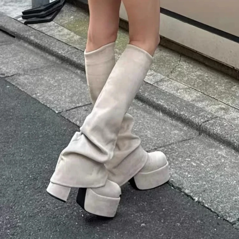 Korean Style High Tube Boots Thick Heel Square Head Women's Fashion Boots Spring 2026 Slimming Elastic Boots Youth All Seasons
