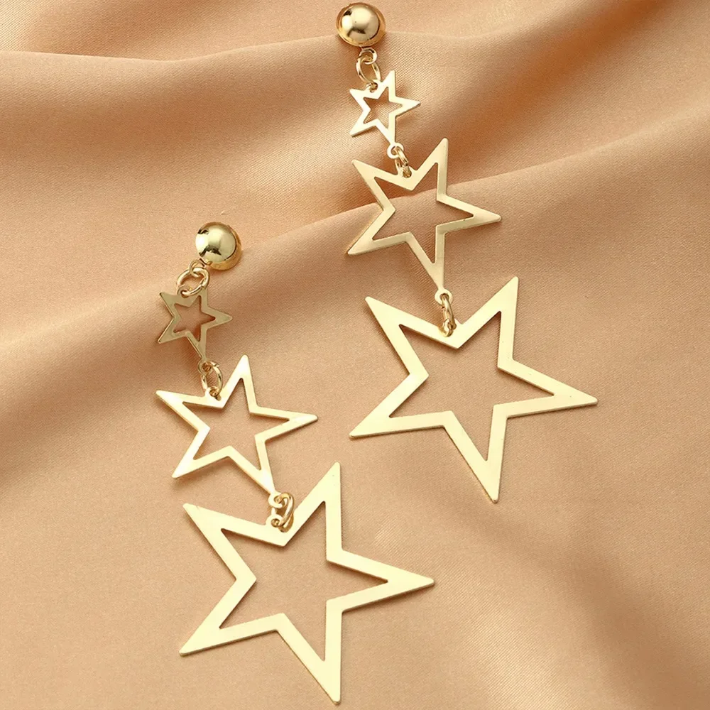 Star Metal Long Drop Earrings Classic Kpop Sweet Double Stars Temperament Girl\'s Wear Pendants Earrings for Women Jewelry