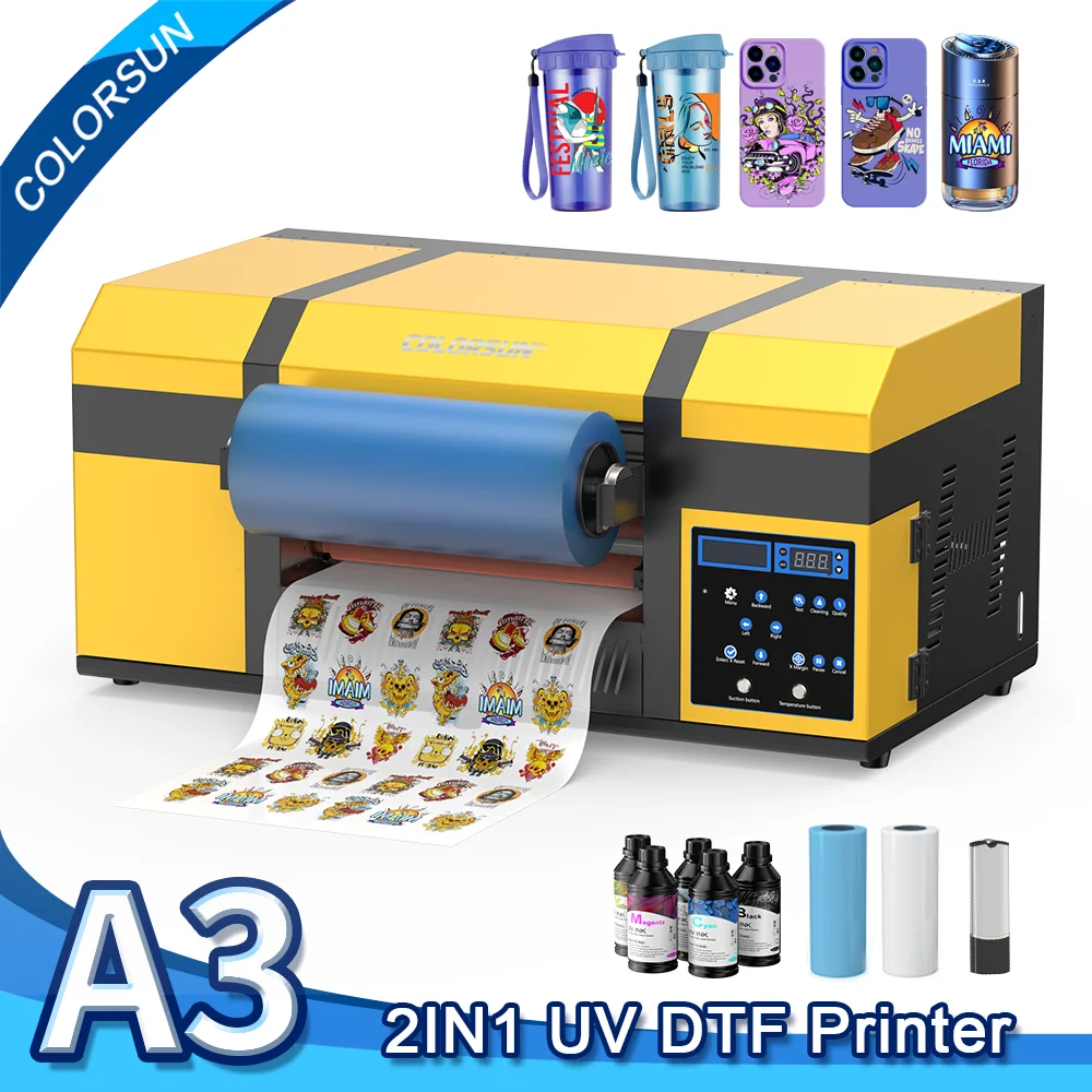 Colorsun A3 UV DTF Printer Laminating 2 in 1 Impressora A3 UV DTF Sticker A3 XP600 UV DTF Printer For Acrylic Wood Bottle