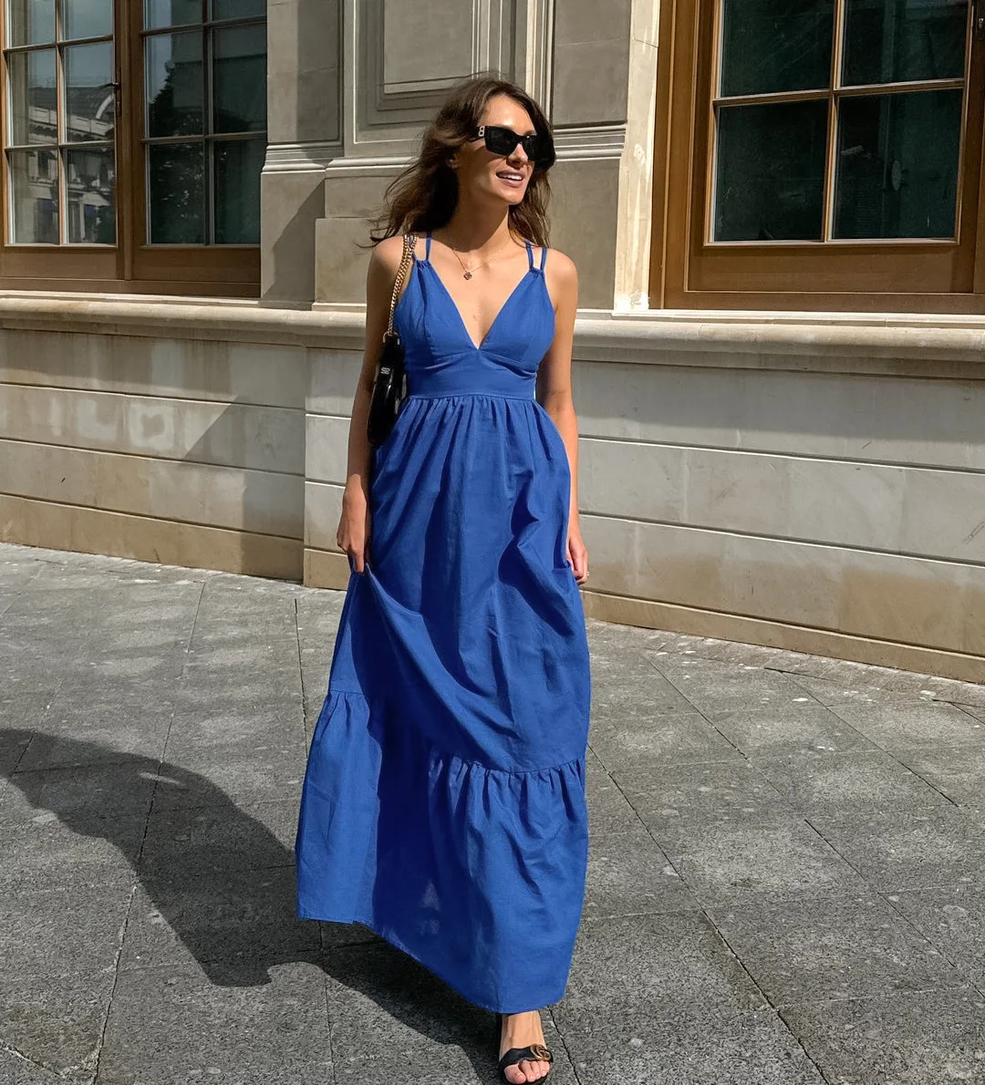 

SKMY Spring And Summer New 2025 Sexy V-Neck Backless Spaghetti Strap Dress Temperament Casual A-Line Long Dresses For Women