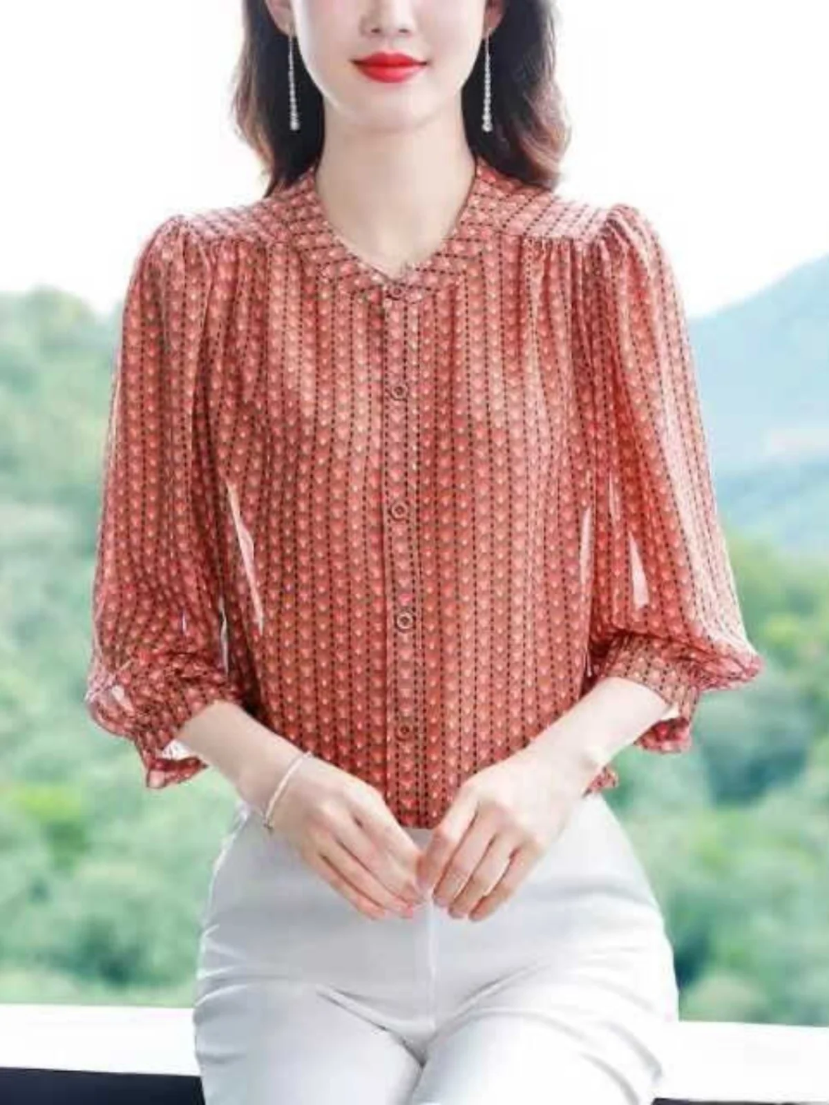 

Summer Faion Floral Print Chiffon irt Women's Loose Seven Svel Top Mom Casual Ele Sle Chinese Brandl Commute