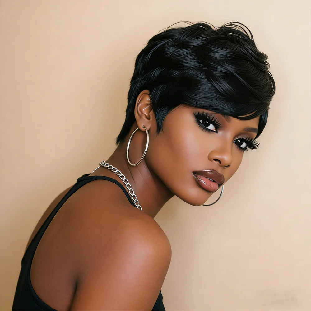 pixie cut human hair wig for women 6inch natural black color daily party use 150% density  hair wig  short straight wig image 4