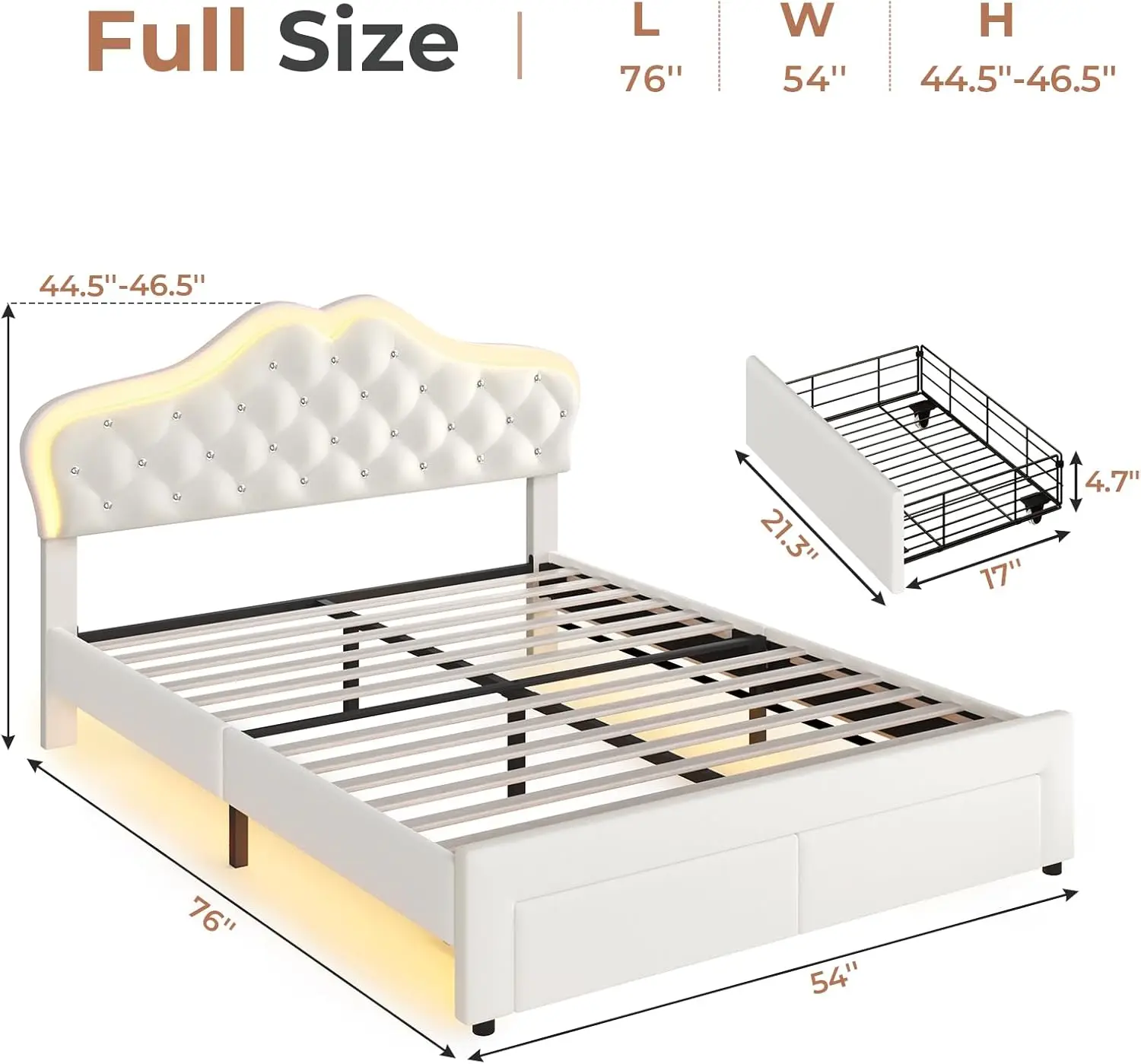LED 조명이 있는 풀 사이즈 벨벳 침대, 서랍 2개, 조절 가능한 헤드보드, 목재 칸막이, 베이지