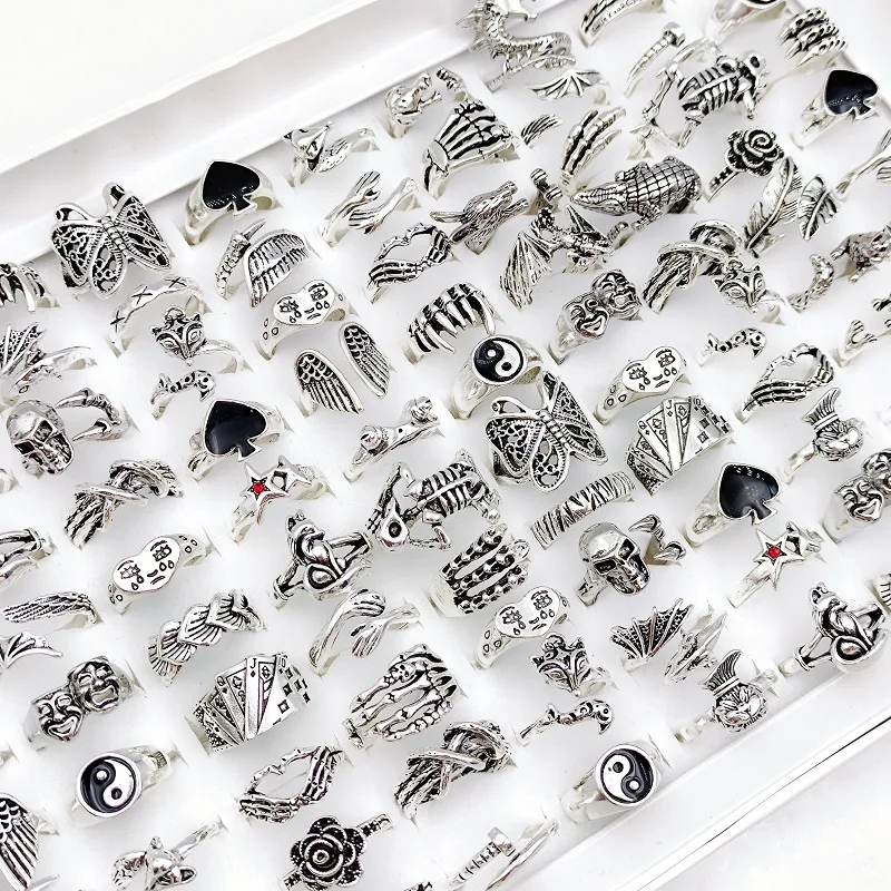 10Pcs/Lot Vintage Punk Butterfly Tai Chi Skull Animal Adjustable Rings for Men Women Mix Design Hip Hop Finger Ring Jewelry Gift