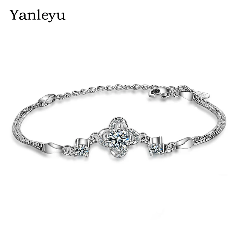 

Yanleyu Fashion Four Leaf Clover Flower Bracelet 925 Silver Color Bracelets for Women Wedding Jewelry Gift PB014