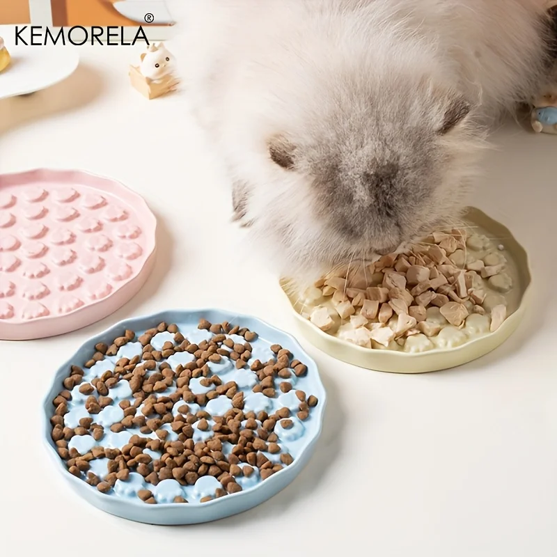 KEMORELA Ceramic Slow Feed Cat Bowl - Paw Design Pet Food Dish, Anti-Gulping Licking Plate for Cats & Small Dogs