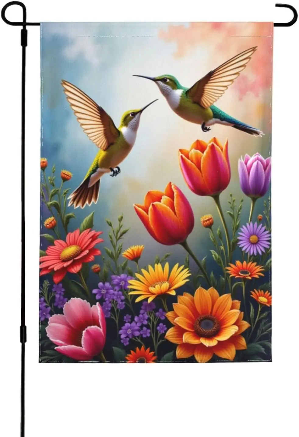 Hummingbird & Flowers Garden Flag Double Sided 12x18 Inch Spring Summer Outdoor Decor Floral Tulip Bird Yard Flag House  AAO EEZ