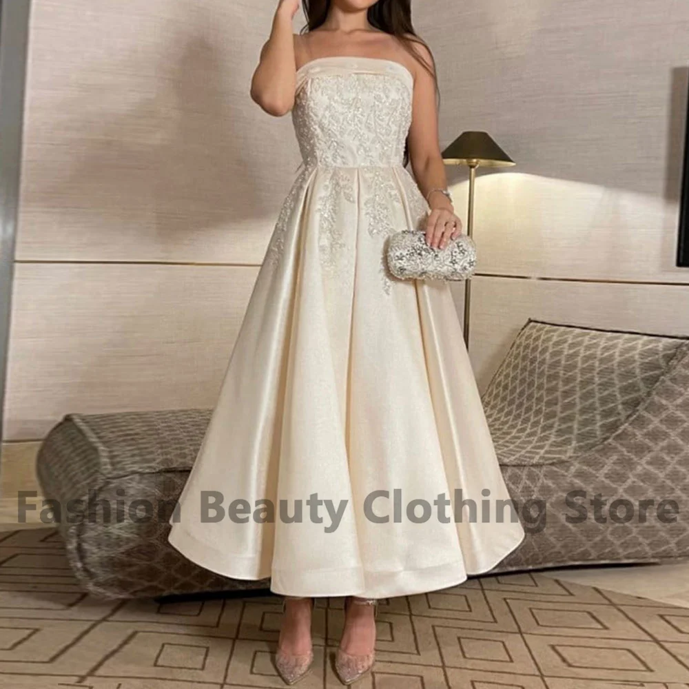 Satin A-Line Prom Dress Dubai Strapless Applique Pleated Backless Saudi Arabian Ankle-Length Evening Dresses Vestidos De Noche