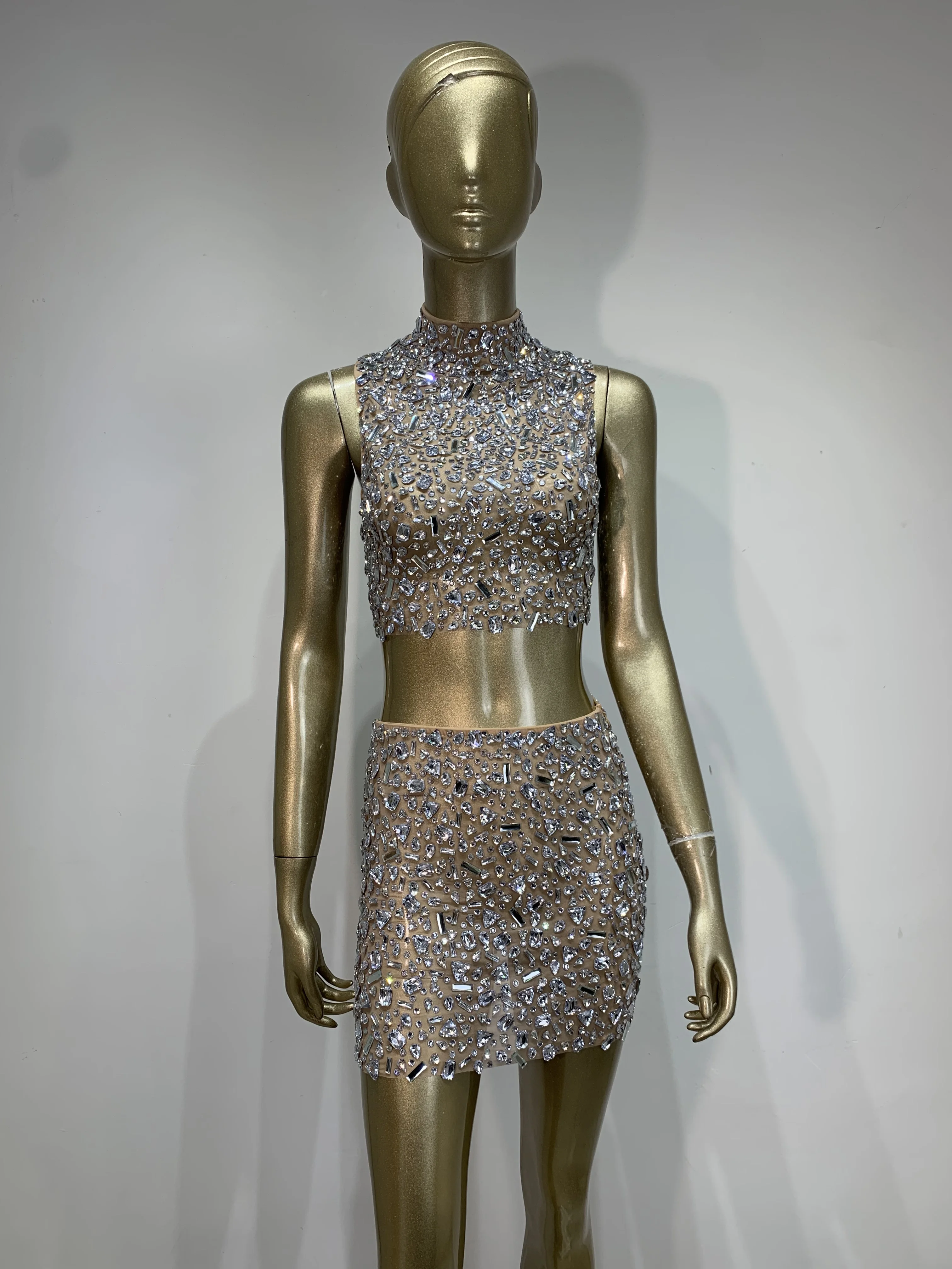 Women Sexy Two Pieces Set Sparkly Crystal Diamond Nightclub Skirt Suits Singer Dancer Mesh See Through Stage Performance Costume