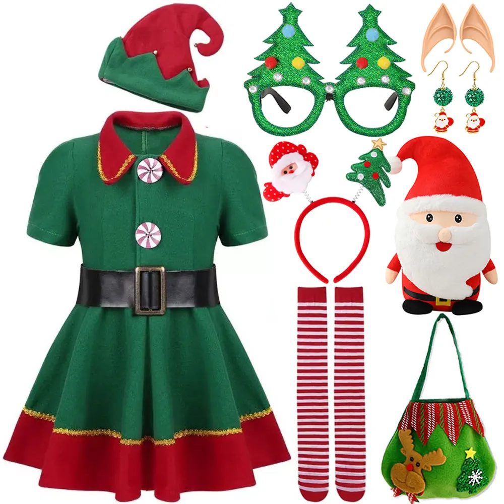 

Christmas Holiday Party Gift Girls and Adults Cosplay Green Elf Dress + Doll Accessories 3 Piece Set 2025 Christmas Gift Dress