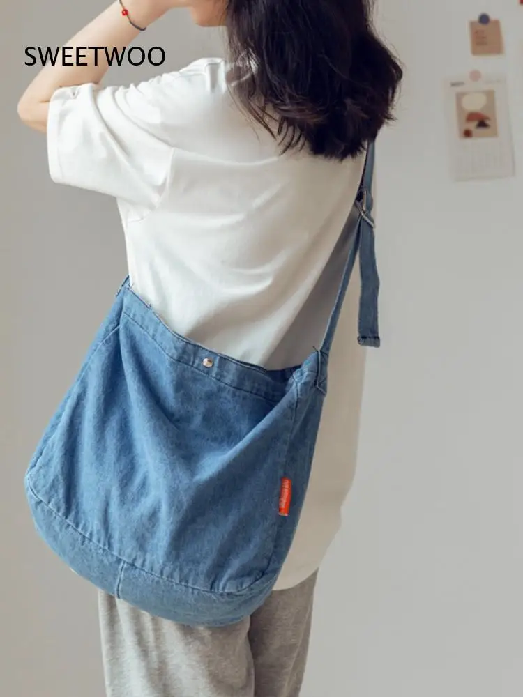 Casual Washed Denim Crossbody Bag Adjustable Wide Strap Large Capacity Soft Jean Shoulder Bag for Daily School and Street Style view 4