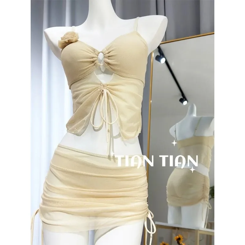 

New Solid Color Three Piece Bikini Set Sweet Korean Style Spaghetti Strap Hollow Out Drawstring Mesh Swimsuit