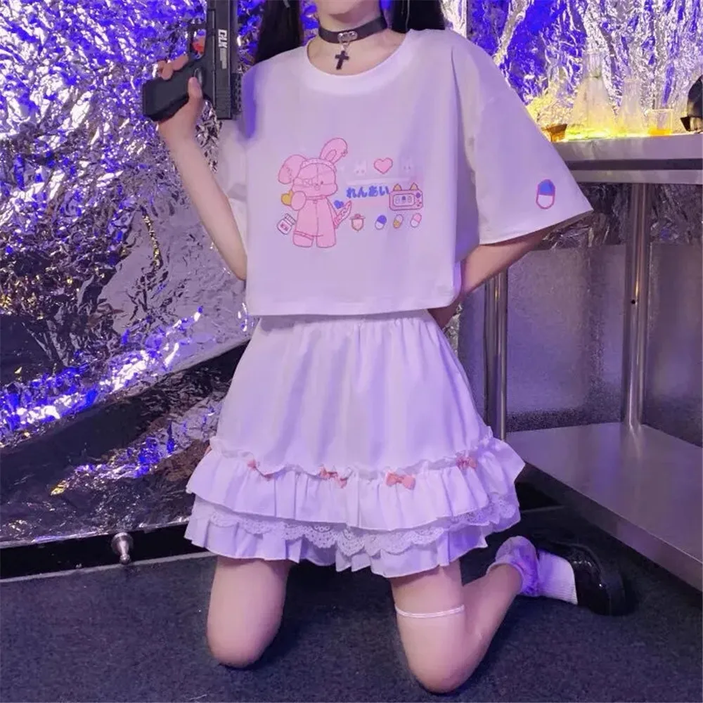 Ruffle Lace Bow Patchwork Kawaii White Mini Skirts Women Harajuku Elastic High Waist Pleated Skirt Japanese Sweet Lalita Girl