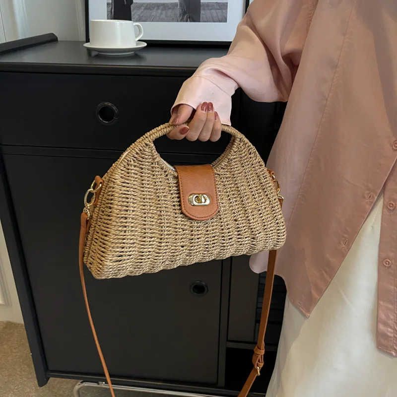 Rattan Straw Shoulder Bag Women Boho Hand-Woven Basket Messenger Pouch Summer Beach Luxury design Top-handle Handbag for Lady