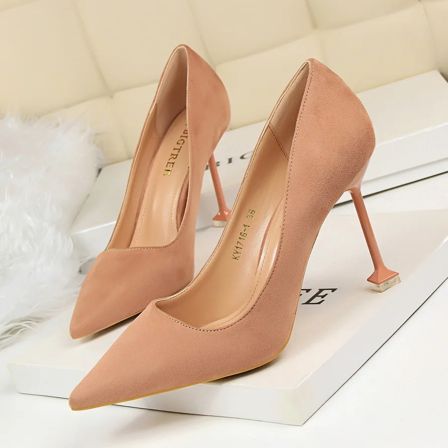 

Korean Fashion Sexy Slim Fit Women's Thin High Heels Heel Suede Shallow Mouth Pointed Toe Single Shoes Women Pumps туфли женские