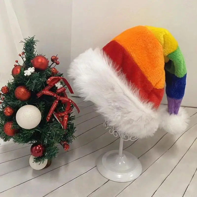 

L5YA Xmas Hat Santa Hat Xmas Holiday Hat for Adults Unisex Comfort Hats Rainbow for New Year Holiday Party