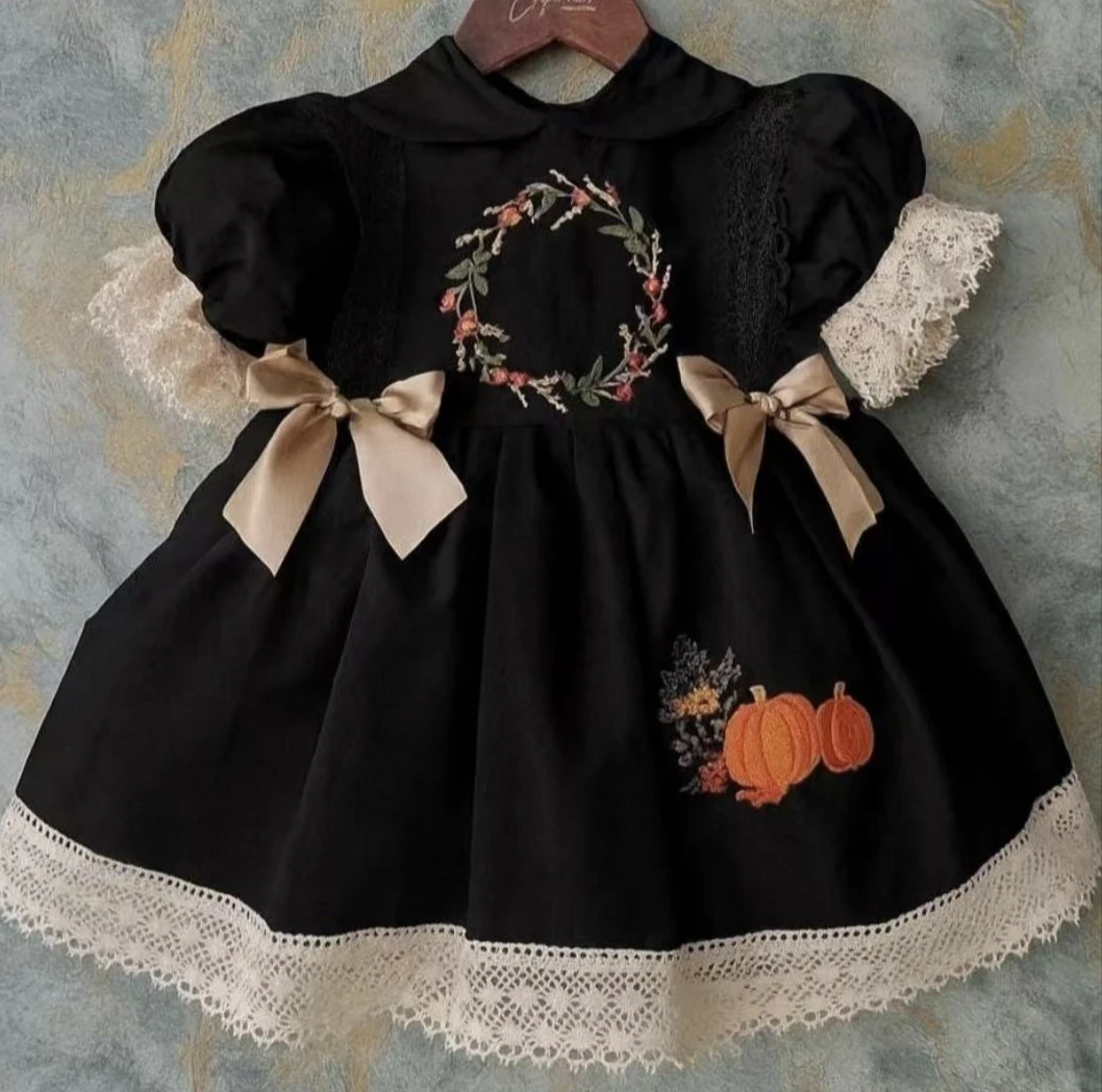 

0-12Y Baby Girl Summer Pumpkin Embroidery Vintage Princess Black Dress for Birthday Photography Holiday Eid B483